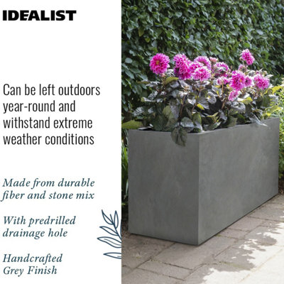 Set of 2 IDEALIST™ 85cm Long Trough Rectangular Garden Planters, Grey Reinforced Stone Outdoor Large Plant Pots L85 W26 H41 cm