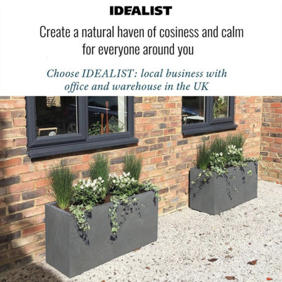 Set of 2 IDEALIST™ 85cm Long Trough Rectangular Garden Planters, Grey Reinforced Stone Outdoor Large Plant Pots L85 W26 H41 cm