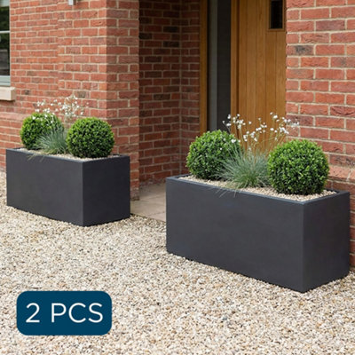Set of 2 IDEALIST™ 85cm Planter, Slate Grey Reinforced Stone Garden Trough, Large Plant Pots, Rectangular Planters L85 W26 H41 cm