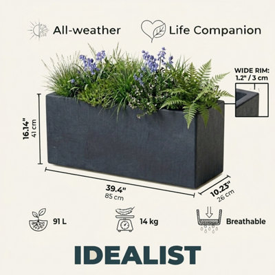 Set of 2 IDEALIST™ 85cm Planter, Slate Grey Reinforced Stone Garden Trough, Large Plant Pots, Rectangular Planters L85 W26 H41 cm