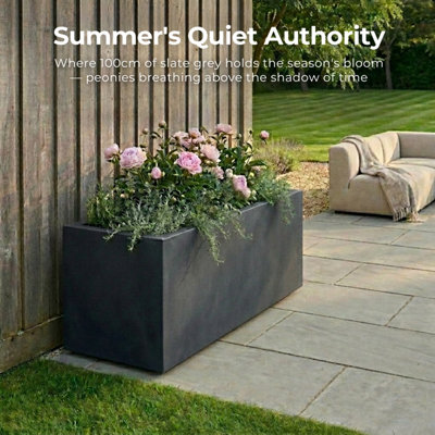 Set of 2 IDEALIST™ 85cm Planter, Slate Grey Reinforced Stone Garden Trough, Large Plant Pots, Rectangular Planters L85 W26 H41 cm