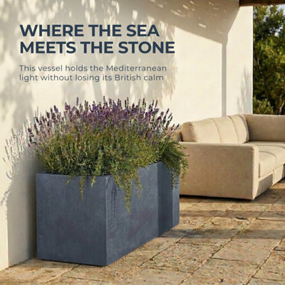 Set of 2 IDEALIST™ 85cm Planter, Slate Grey Reinforced Stone Garden Trough, Large Plant Pots, Rectangular Planters L85 W26 H41 cm