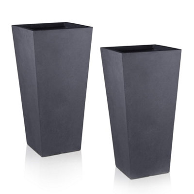 Set of 2 IDEALIST™ 89cm Tall Planter, Dark Grey Reinforced Stone Tapered Planter, Large Outdoor Plant Pots L43 W43 H89 cm, 127L