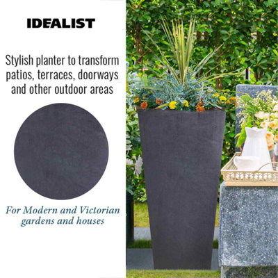Set of 2 IDEALIST™ 89cm Tall Planter, Dark Grey Reinforced Stone Tapered Planter, Large Outdoor Plant Pots L43 W43 H89 cm, 127L