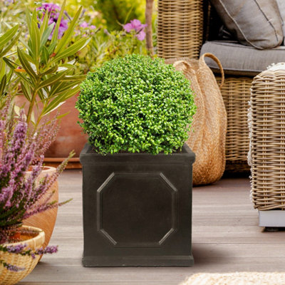 Set of 2 IDEALIST Chelsea Flower Box Square Garden Planters, Faux Lead Dark Grey Light Stone Outdoor Pots W30 H30 L30 cm, 27L