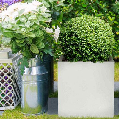 Set of 2 IDEALIST Contemporary Flower Box Square Garden Planters, White Light Concrete Outdoor Large Pots H40 L40 W40 cm, 65L