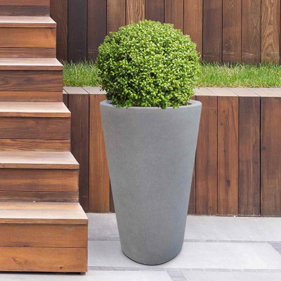 Set of 2 IDEALIST Contemporary Stone Grey Light Concrete Round Garden Tall Planters, Outdoor Large Plant Pots H51 D32 cm, 41L