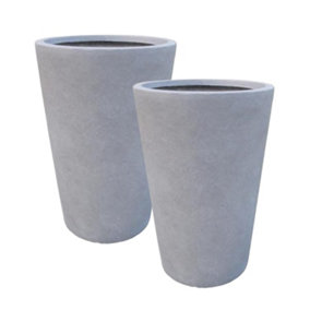 Set of 2 IDEALIST Contemporary Stone Grey Light Concrete Round Garden Tall Planters, Outdoor Large Pots H70 D50 cm, 137L