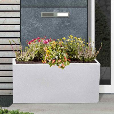 Set of 2 IDEALIST Contemporary Trough Garden Planters, White Light Concrete Outdoor Large Plant Pots H41 L85 W26 cm, 91L