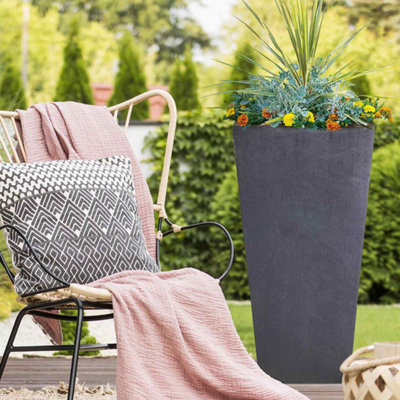 Set of 2 IDEALIST Faux Lead Dark Grey Concrete Garden Tall Planters, Outdoor Pots with Tapered Shape H89 L43 W43 cm, 165L