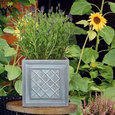 Set of 2 IDEALIST Faux Lead Lattice Flower Box Square Garden Planters, Grey Light Stone Outdoor Pots W22 H22 L22 cm, 13L