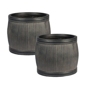 Set of 2 IDEALIST Lite Vertical Ribbed Vintage Style Faux Lead Dark Grey Barrel Garden Round Planters, Outdoor Pots D42 H36, 50L
