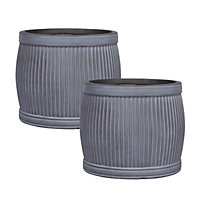 Set of 2 IDEALIST Lite Vertical Ribbed Vintage Style Faux Lead Grey Barrel Garden Round Planters, Outdoor Pots D54 H44 cm, 101L
