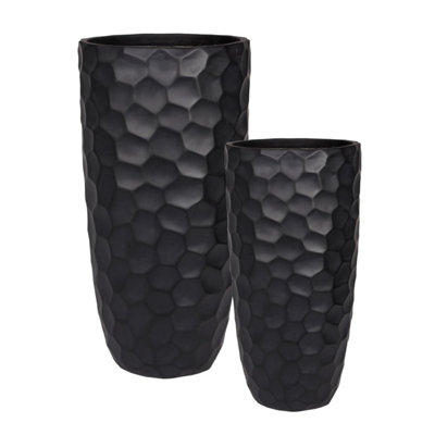 Set of 2 IDEALIST Tall Planter, Mosaic Black Reinforced Stone Round Planters, Outdoor Plant Pots: D31 H61 cm + D41 H77 cm