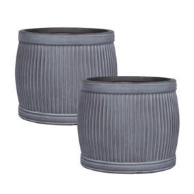 Set of 2 IDEALIST Vertical Ribbed Vintage Style Faux Lead Grey Barrel Garden Round Planters, Outdoor Plant Pots D42 H36, 50L