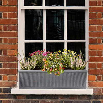 Set of 2 IDEALIST Vertical Ribbed Vintage Style Window Flower Box Garden Planters, Grey Outdoor Pots H17 L60 W17 cm, 17L