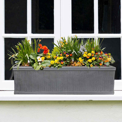 Set of 2 IDEALIST Vertical Ribbed Vintage Style Window Flower Box Garden Planters, Grey Outdoor Pots H23 L70 W23 cm, 37L