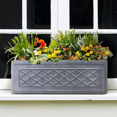 Set of 2 IDEALIST Window Flower Box Lead Lattice Garden Planters, Grey Light Stone Outdoor Plant Pots W17 H17 L50 cm, 14L