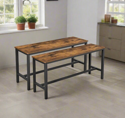 Set of 2 Industrial Dining Benches Rustic Brown Wood and Black Steel ...