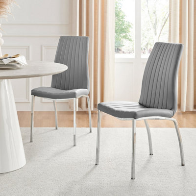 Set of 2 Isco Elephant Grey High Back Deep Foam Padded Soft Touch Stitched Faux Leaher Chrome Metal Leg Dining Chairs