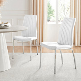 Set of 2 Isco White High Back Deep Foam Padded Soft Touch Stitched Faux Leaher Chrome Metal Leg Dining Chairs