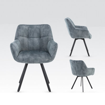 Set of 2 Jade Dining Chair Soft Quilted Design Matte Black Metal Legs Kitchen - Stone Blue