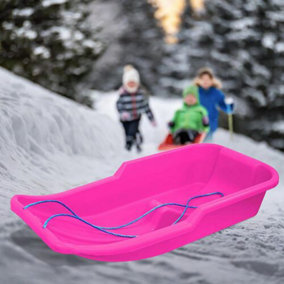 Set of 2 Kids Heavy Duty Pink Snow Sledges - For Kids and Adults, Winter Toboggan Sleigh Sled With Rope