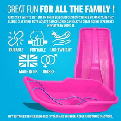Set of 2 Kids Heavy Duty Pink Snow Sledges - For Kids and Adults, Winter Toboggan Sleigh Sled With Rope