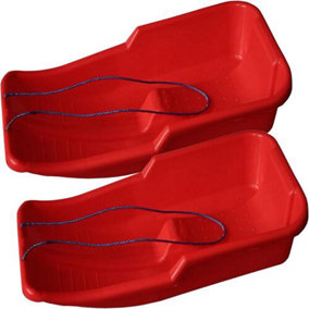 Set of 2 Kids Heavy Duty Red Snow Sledges - For Kids and Adults, Winter Toboggan Sleigh Sled With Rope