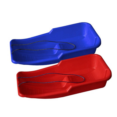 Set Of 2 Kids Heavy Duty Snow Sledge Toboggan Sleigh Sled Rope Plastic Adults Ski Board Family Fun Play Snowing Sledges Red & Blue