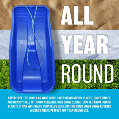 Set Of 2 Kids Heavy Duty Snow Sledge Toboggan Sleigh Sled Rope Plastic Adults Ski Board Family Fun Play Snowing Sledges Red & Blue