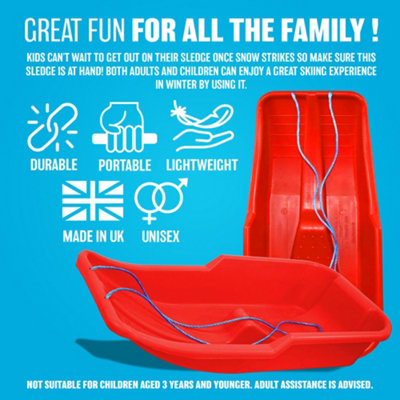 Set Of 2 Kids Heavy Duty Snow Sledge Toboggan Sleigh Sled Rope Plastic Adults Ski Board Family Fun Play Snowing Sledges Red & Blue