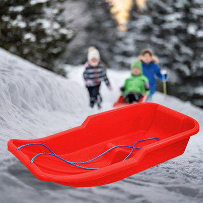 Set Of 2 Kids Heavy Duty Snow Sledge Toboggan Sleigh Sled Rope Plastic Adults Ski Board Family Fun Play Snowing Sledges Red & Blue