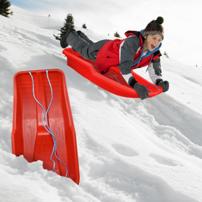 Set Of 2 Kids Heavy Duty Snow Sledge Toboggan Sleigh Sled Rope Plastic Adults Ski Board Family Fun Play Snowing Sledges Red & Blue