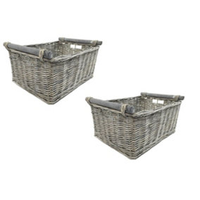 SET OF 2 Kitchen Log Fireplace Wicker Storage Basket With Handles Xmas Empty Hamper Basket Grey,Set of 2 Large 45 x 35 x 20 cm