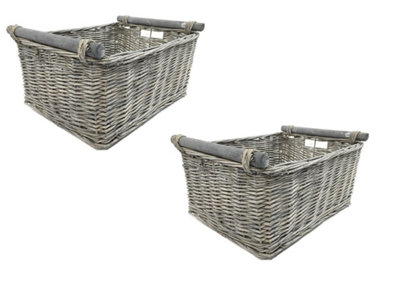 SET OF 2 Kitchen Log Fireplace Wicker Storage Basket With Handles Xmas Empty Hamper Basket Grey Small 31 x 25 x 16 cm