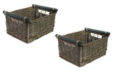 SET OF 2 Kitchen Log Fireplace Wicker Storage Basket With Handles Xmas Empty Hamper Basket Oak,Set of 2 Medium 38 x 30 x 18 cm