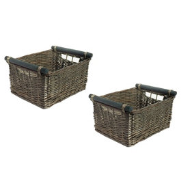 SET OF 2 Kitchen Log Fireplace Wicker Storage Basket With Handles Xmas Empty Hamper Basket Oak,Set of 2 Medium 38 x 30 x 18 cm