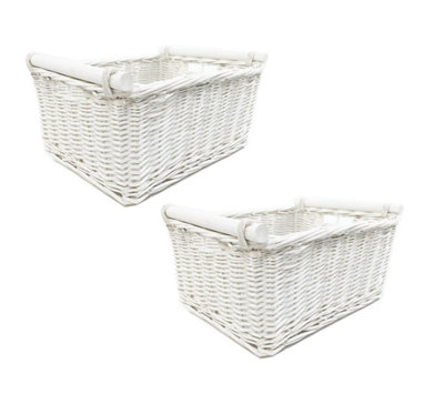 SET OF 2 Kitchen Log Fireplace Wicker Storage Basket With Handles Xmas Empty Hamper Basket White Medium 38 x 30 x 18 cm