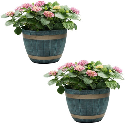 Set Of 2 Large Blue Rustic Style Plastic Half Barrel Cask Planter Flower Plant Pot