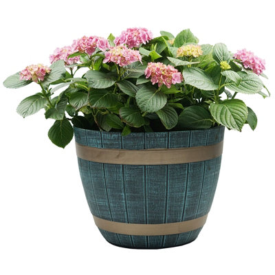 Set Of 2 Large Blue Rustic Style Plastic Half Barrel Cask Planter Flower Plant Pot