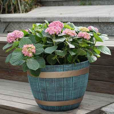 Set Of 2 Large Blue Rustic Style Plastic Half Barrel Cask Planter Flower Plant Pot