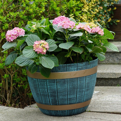 Set Of 2 Large Blue Rustic Style Plastic Half Barrel Cask Planter Flower Plant Pot