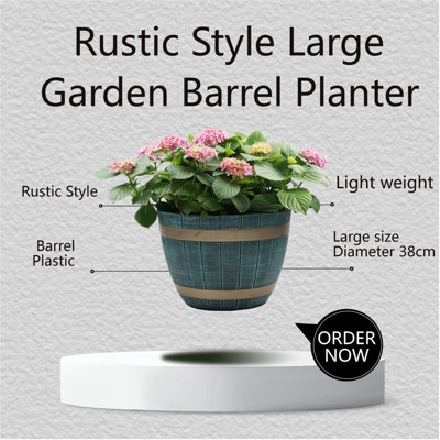Set Of 2 Large Blue Rustic Style Plastic Half Barrel Cask Planter Flower Plant Pot