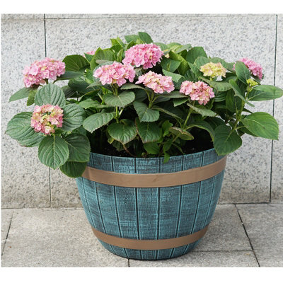 Set Of 2 Large Blue Rustic Style Plastic Half Barrel Cask Planter Flower Plant Pot