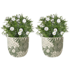 Set of 2 Large Embossed Flower Planter Green & White Indoor Outdoor Houseplant Succulent Plant Pots