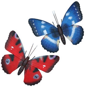 Set of 2 Large Metal 3D Red & Blue Butterfly Garden/Home Wall Art Ornament