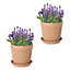 Set of 2 Large Ribbed Flower Pot with Overflow Tray Orange Clay Indoor Outdoor Garden Plant Pots