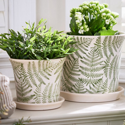 Set of 2 Leaf Planters with Trays Indoor Outdoor Flower Garden Planters (Dia) 19cm, (H)21cm