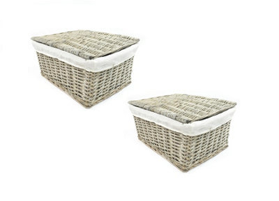 SET OF 2 Lidded Wicker Storage Basket With Lining Xmas Hamper Basket Light Brown Large 40 X 30 X 20 cm